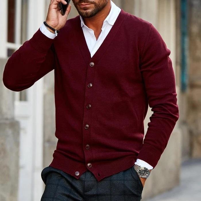 Men's Cardigan with V-Neck and Button Placket 