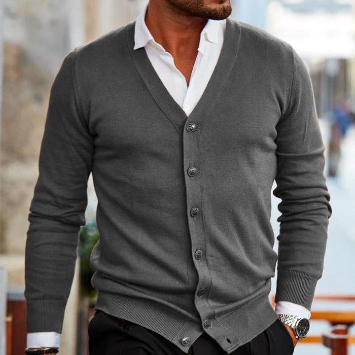 Men's Cardigan with V-Neck and Button Placket 
