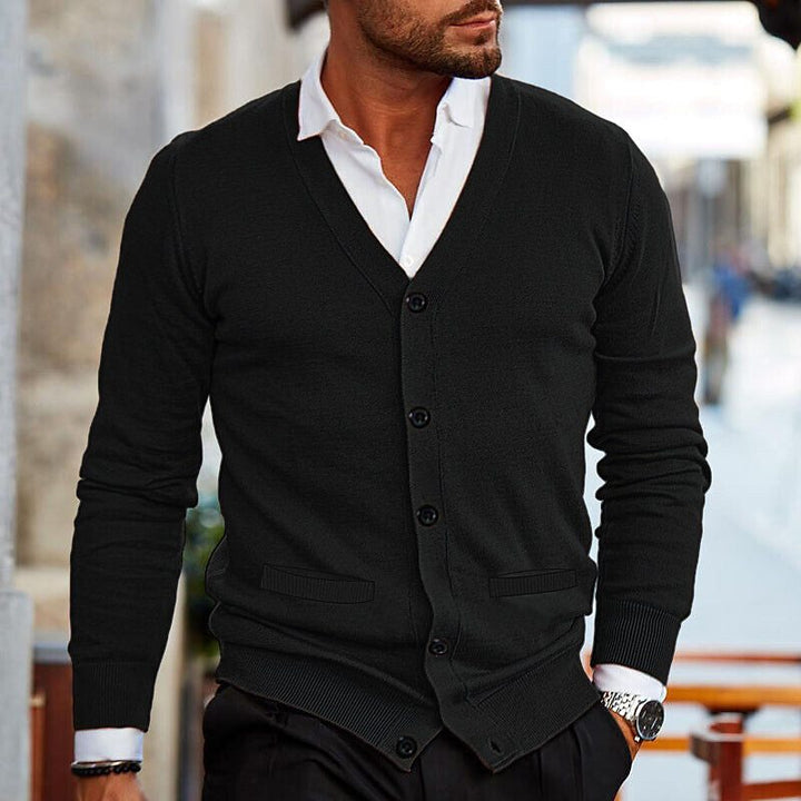 Men's Cardigan with V-Neck and Button Placket 