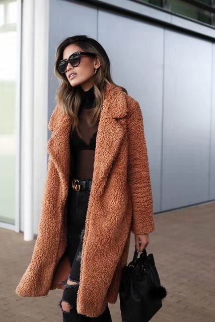 Women's Long Teddy Coat with Modern Design
