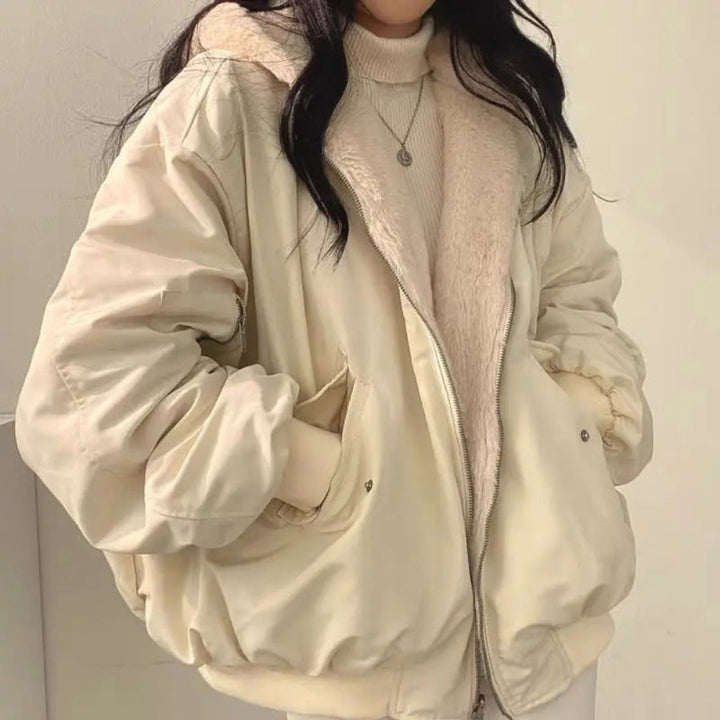 Women's Oversized Bomber Jacket with Hood and Utility Pockets 