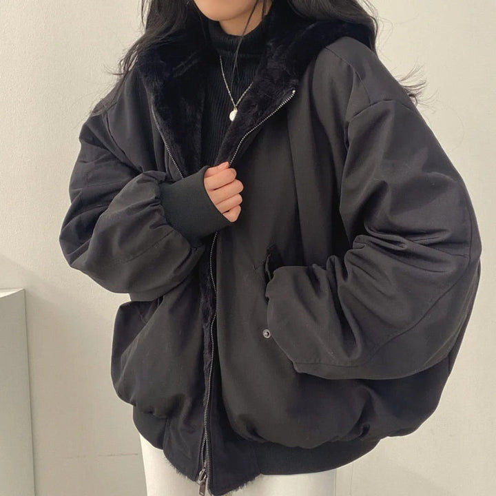 Women's Oversized Bomber Jacket with Hood and Utility Pockets 