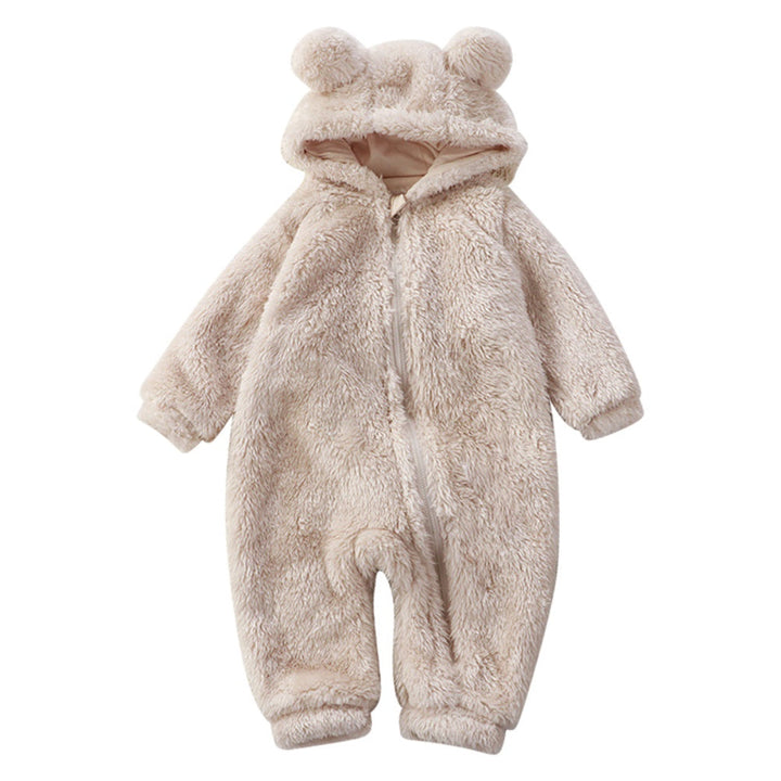 Baby romper with bear motif and hood