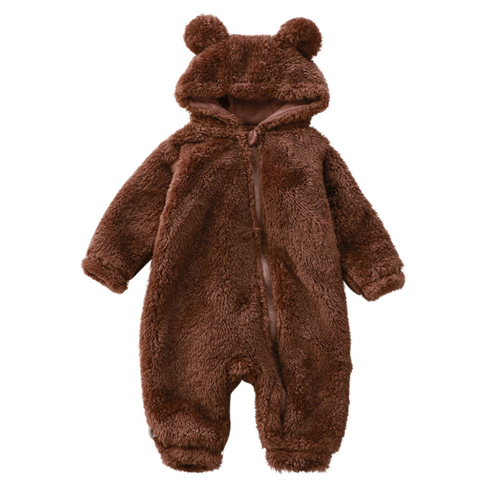 Baby romper with bear motif and hood