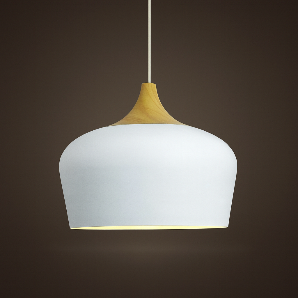 Pendelleuchten aus Metall und Holz in sanften Pastellfarben