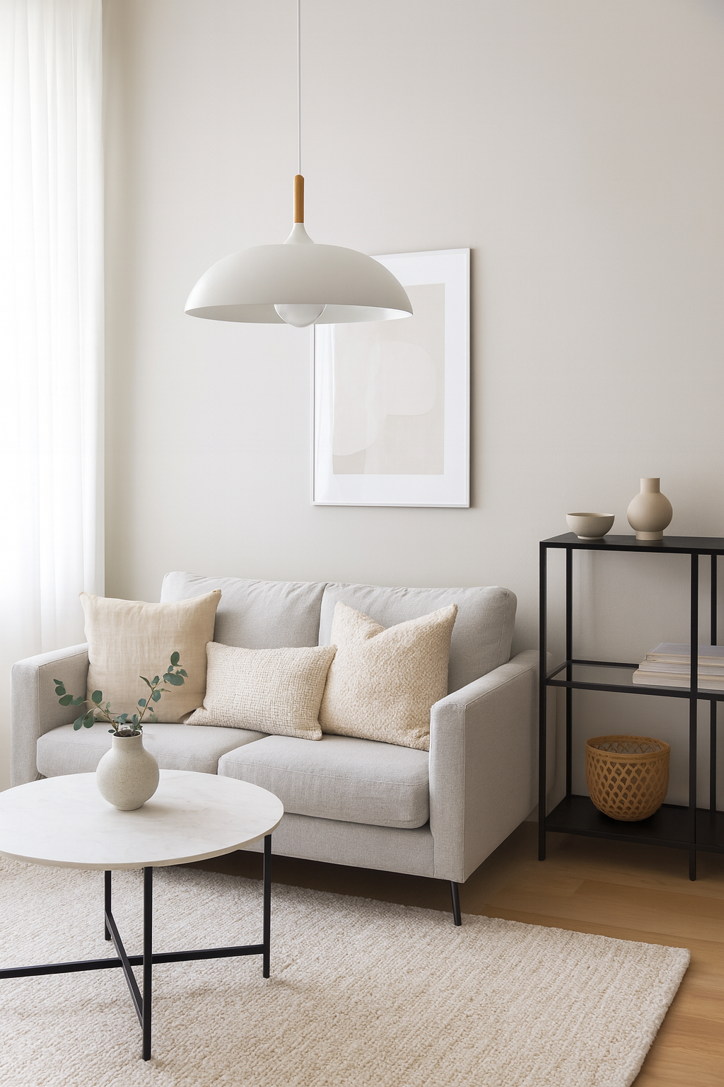 Pendelleuchten aus Metall und Holz in sanften Pastellfarben